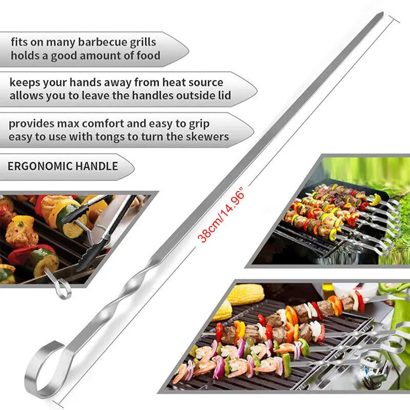 Flat Skewers Barbecue Forks Long Wood Handle Bbq Skewer Shish Kebab Barbecue Grill Sticks Stainless Steel Outdoors Grill Needle