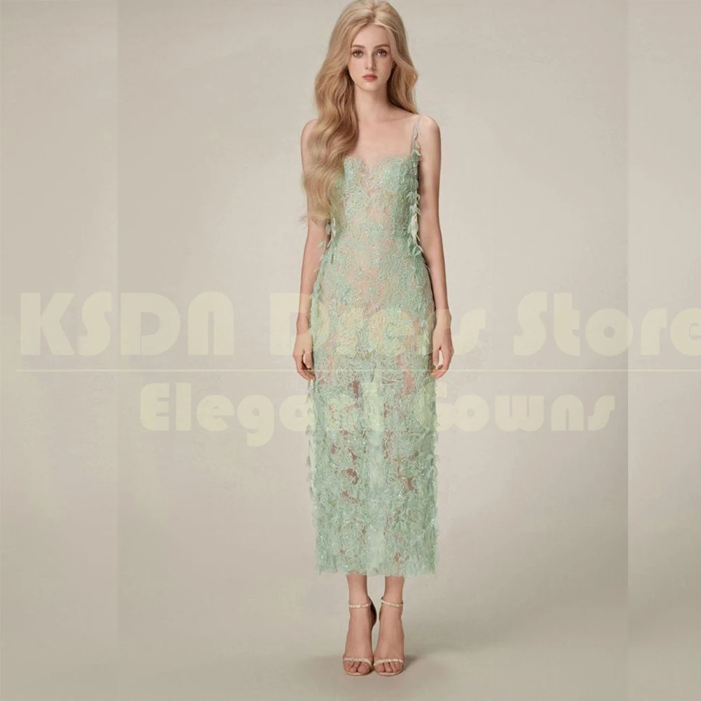 Pretty Women Prom Dresses Customized Color Lace Spaghetti Strap Ankle-Length Gowns Special Occasion Illusion Sleeveless Dress
