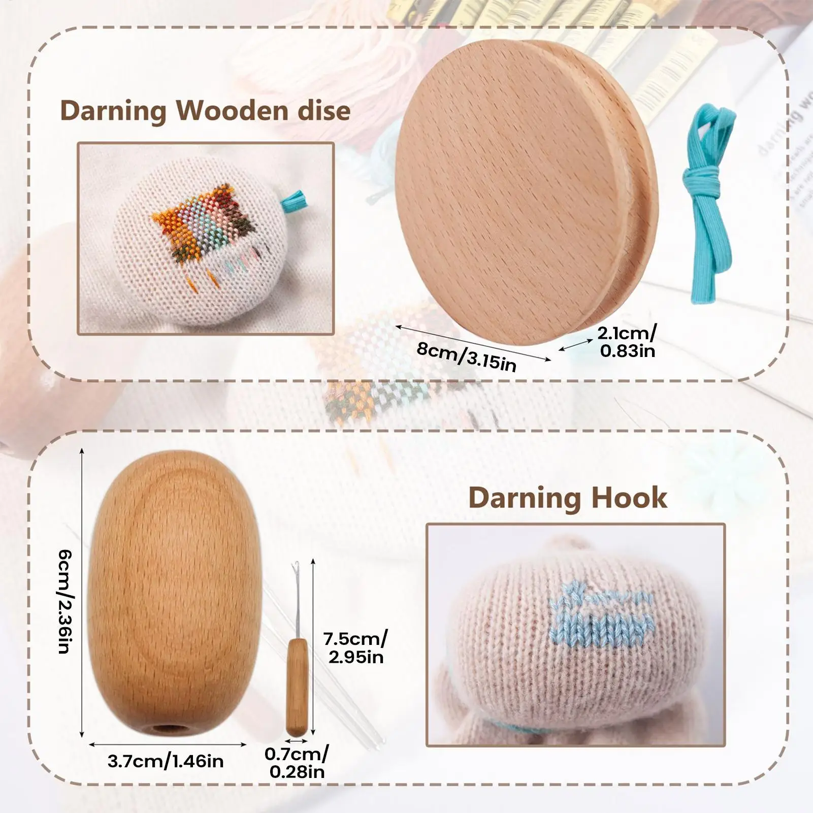 Kit de Zurcido con Disco de Madera y 9 Agujas, Huevo de Zurcido de Madera con Enhebrador y 10 Colores de Hilos para Ropa de Adultos y Suéteres