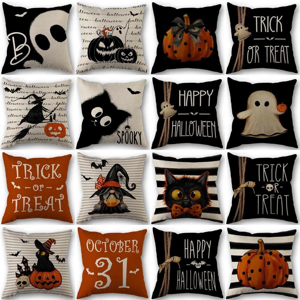 Halloween Decor Pillow Case 45x45 Pillow Cover Funny Pumpkin Ghosts Black Cat Print Cushion Cover Home Decorations Holiday Gifts