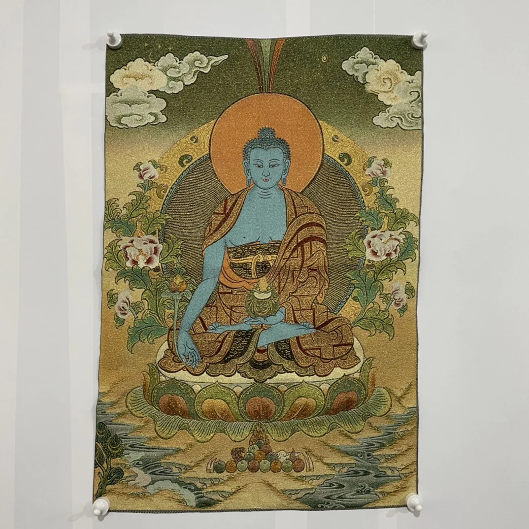 

35"Thangka Embroidery Tibetan Buddhism silk embroidery blue Medicine Buddha lotus platform Thangka hanging screen Town house