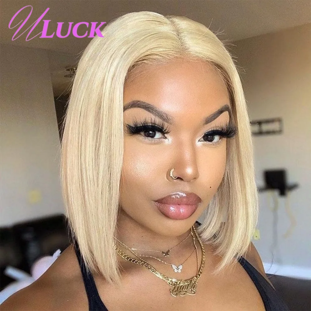 

Uluck Double Drawn Straight Bob Wigs 13x4 Lace Frontal Wigs 200% Density Real Human Hair Wigs Blonde 613# Pre Plucked For Women