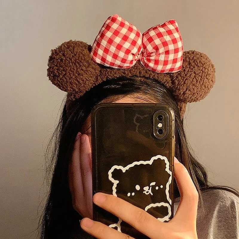 Diadema de felpa con orejas de oso y lazo para niña y mujer, accesorios para el cabello, 1 unidad