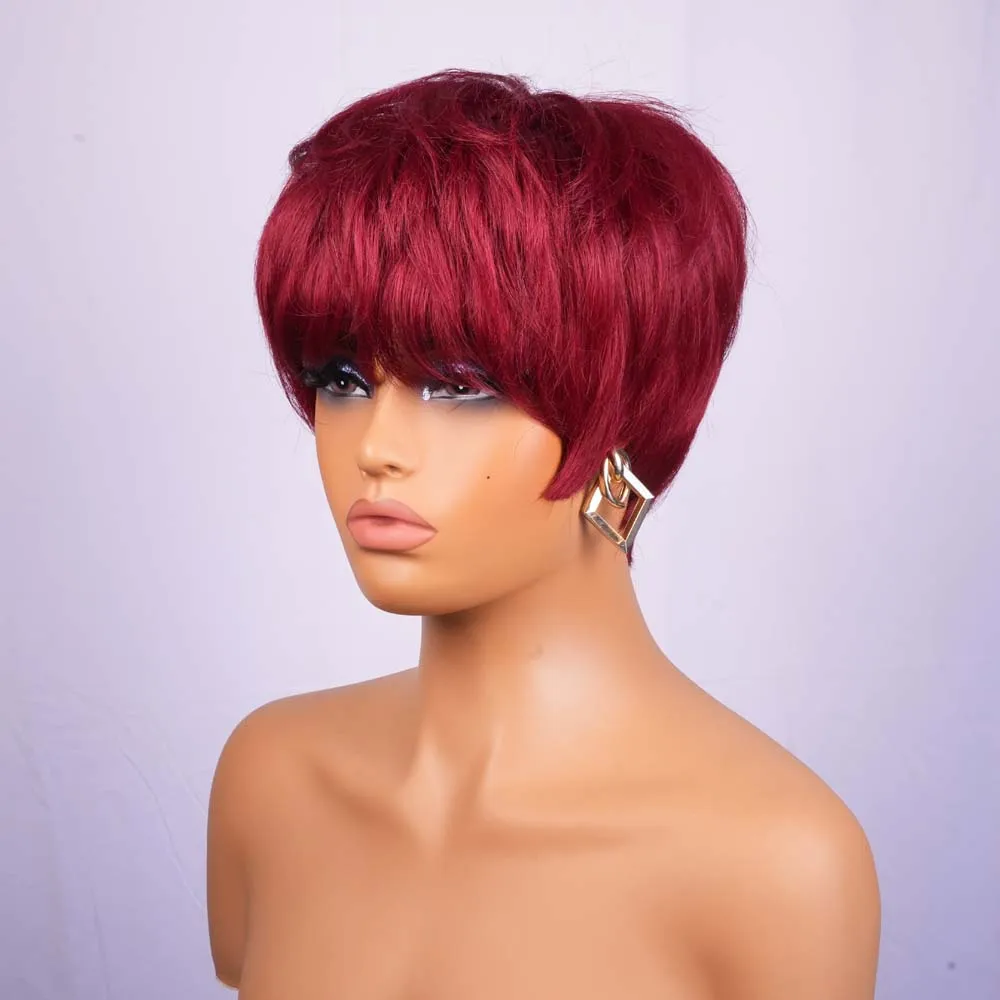 شعر الإنسان بوب النبيذ الأحمر شعر مستعار مستقيم بورجوندي قصير عابث قطع شعر مستعار مع الانفجارات قبل قطعها آلة صنع الباروكات للنساء السود