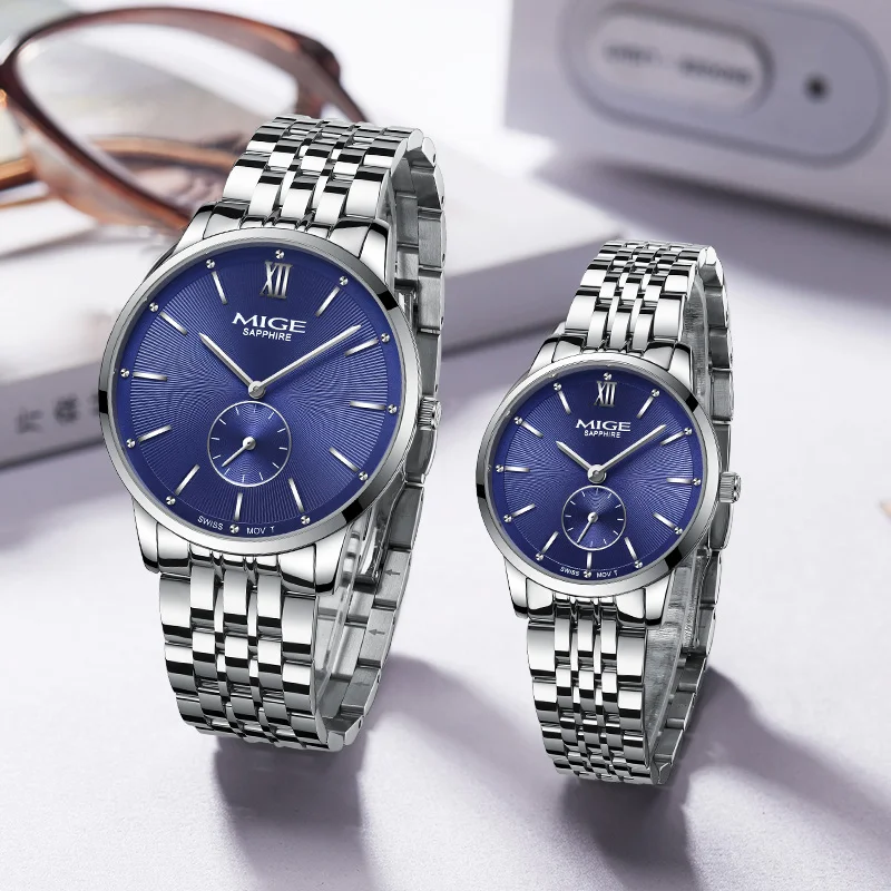 MIGE Couple Wrist Watches Blue Dial Steel Bracelet Sapphire Glass Quartz Watch Set for Men and Women