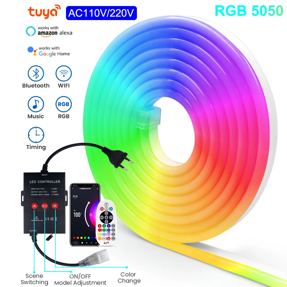 AC 220V 110V RGB LED Neon Strip Light Music Ribbon Tape Tuya Smart WiFi Bluetooth APP Control IP67 Neon Sign Lamp Support Alexa