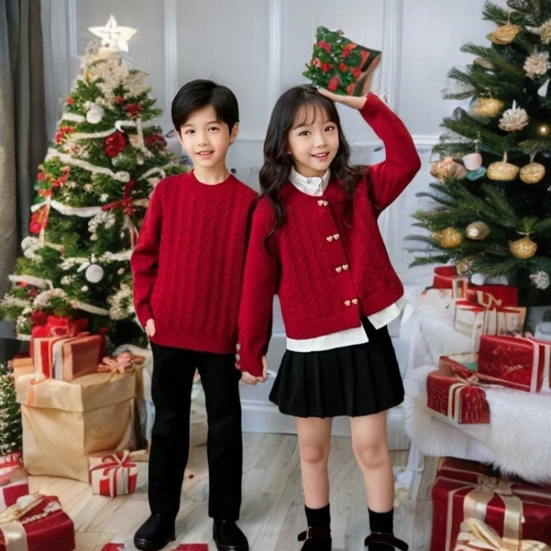 Family Matching Red Sweater Mom Daughter Knit Cardigan Dad Son Pullover Winter New Year Christmas Parent-child Couple Outfits
