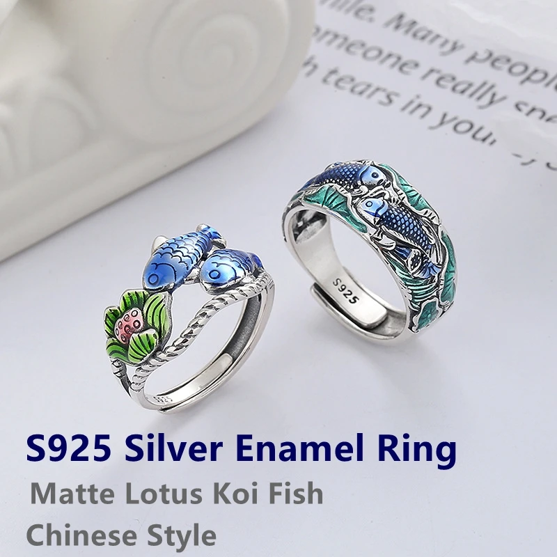 

Langyan S925 Чистое Серебро Лотос Кио Рыба Кольцо для Женщин Ретро Эмаль Матовые Полые Регулируемые Кольца На Палец Ювелирные Изделия JZ168
