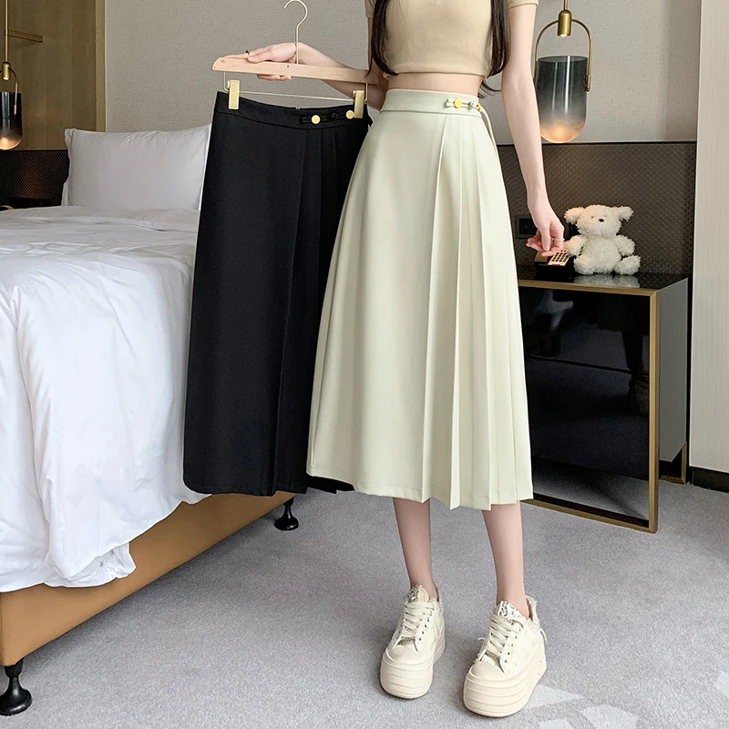 Seoulish Solid Color High Waist Women\'s Pleated Skirts Summer 2024 New Office Lady A-Line Mid Length Casual Skirts Female Spring