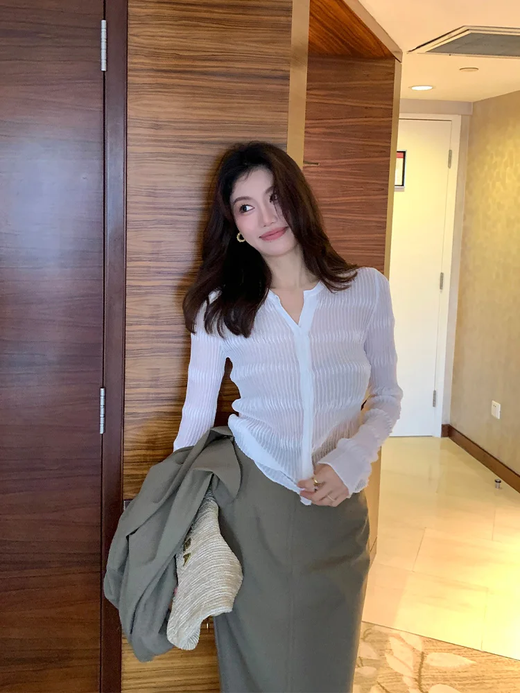 

Женский вязаный кардиган с длинным рукавом, однотонный, плиссированный, тонкий, Z707 Gentle Sle ALONESAVOR, женская трикотажная одежда