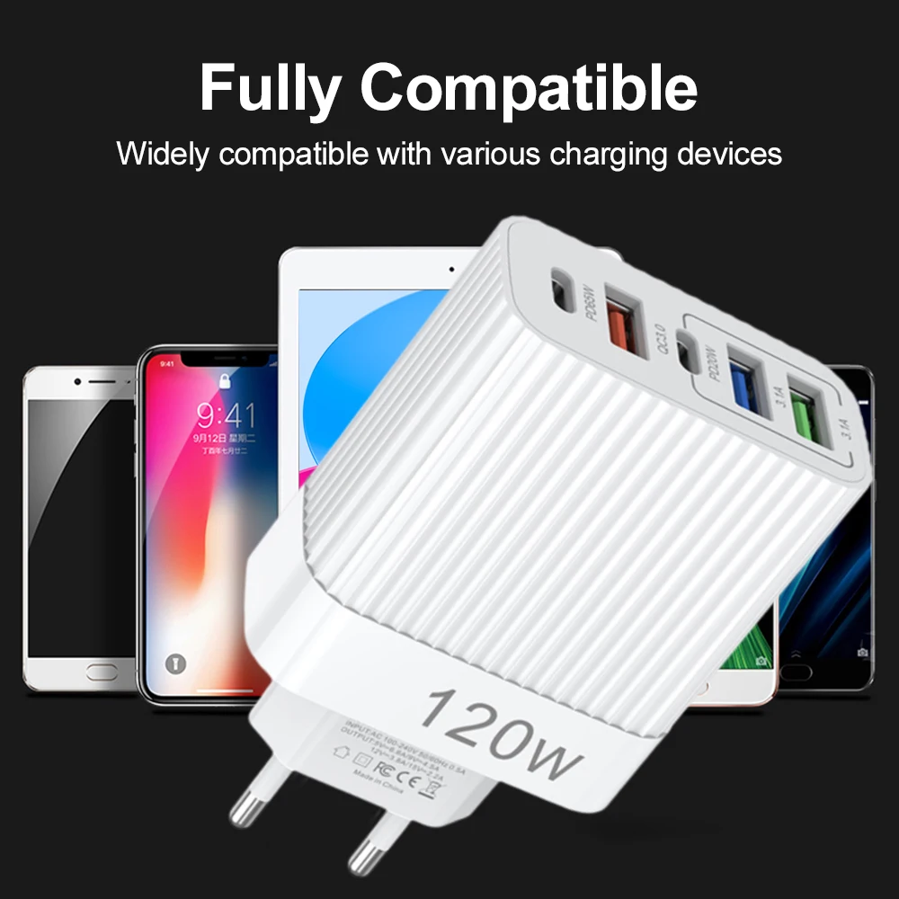 120W Phone Fast Charging Multi Port USB Chargers For iPhone iPad Samsung Xiaomi Redmi Tablet Universal Travel Charger Adapter