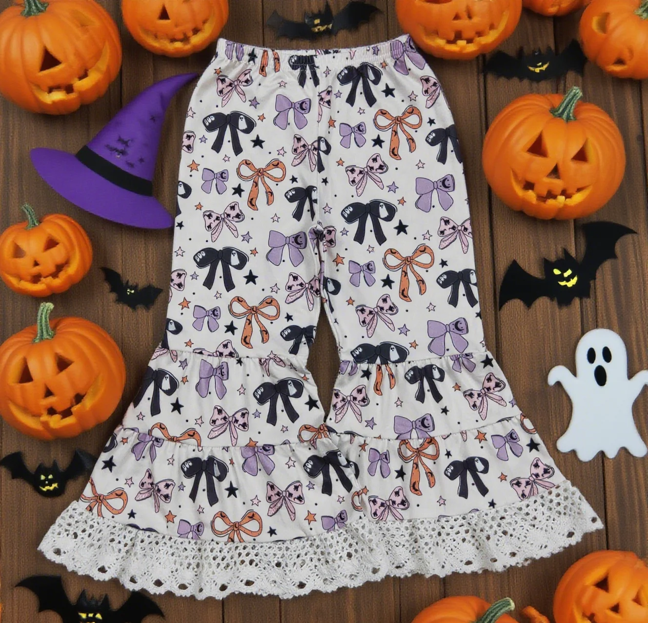 

Z812-03 P0783 Детская осенняя одежда с бантиками и принтом, брюки-клеш для маленьких девочек, детская одежда