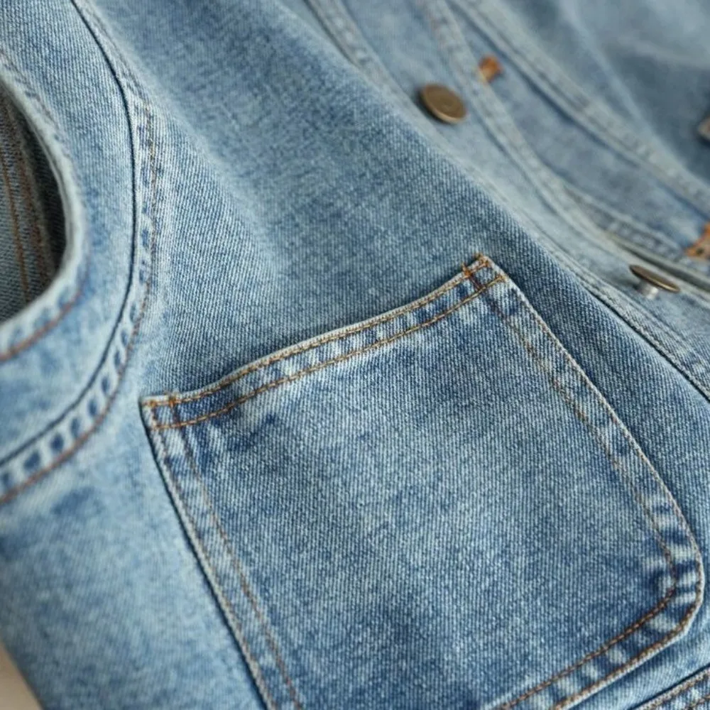 

Fashion Y2K Vintage Denim Vests All Match Blue Cropped Sleeveless Jacket Retro Round Neck Button-up Short Coats Girls