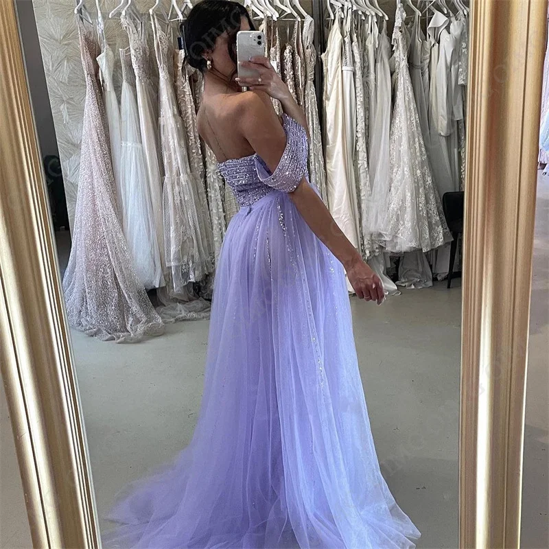 OIMG Lavender Shiny Sequins Prom Dresses Saudi Arabia Women Luxury Side Slit Off Shoulder Mermaid Evening Party Special Gowns