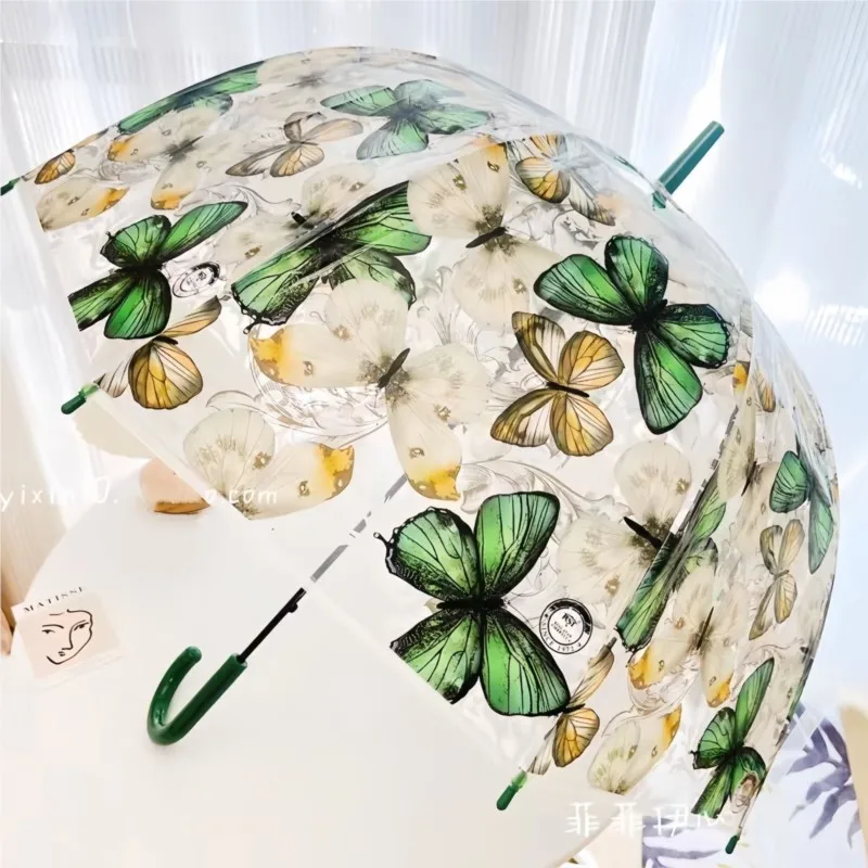 Retro Cute Transparent Umbrella Female Butterfly-Pattern Printed Long Handle Umbrella Simple Outdoor Decorative Umbrella LH290