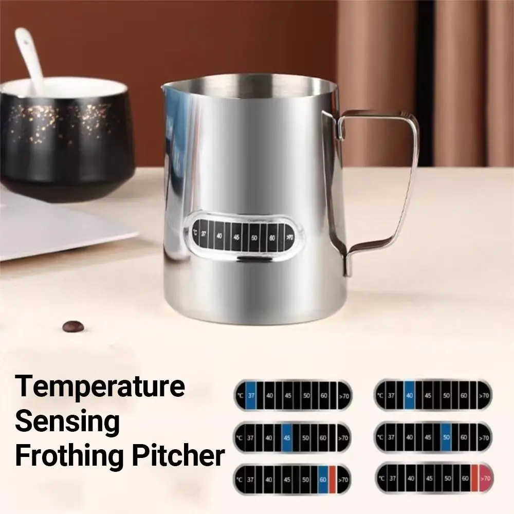 

Temperature Sensing Coffee Milk Frothing Pitcher 304 Stainless Steel Accurate Scale Latte Art Cup Professional V-shaped Mouth
