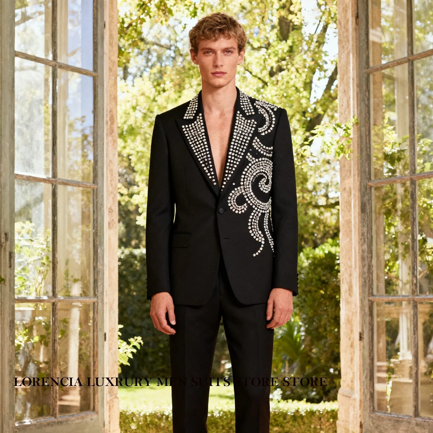 

Customized Exquisite Crystal Diamond Design Men Suits Rhinestones Beaded Slim Ropa hombre 3 Pieces Sets Groom Male Blazers