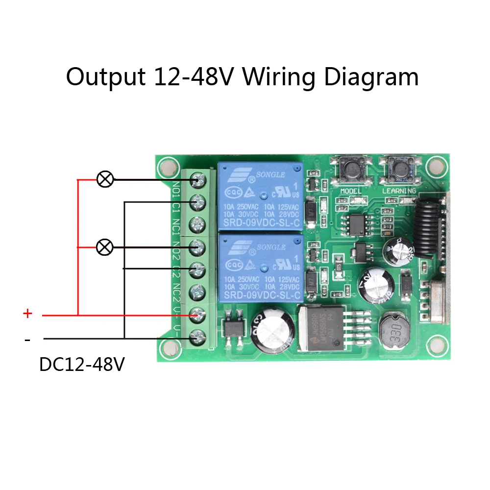 RK02E DC 12V-48V 433Mhz RF Wireless Remote Control Switch Relay 2CH Multifunction Receiver Module Garage Curtain Motor Light