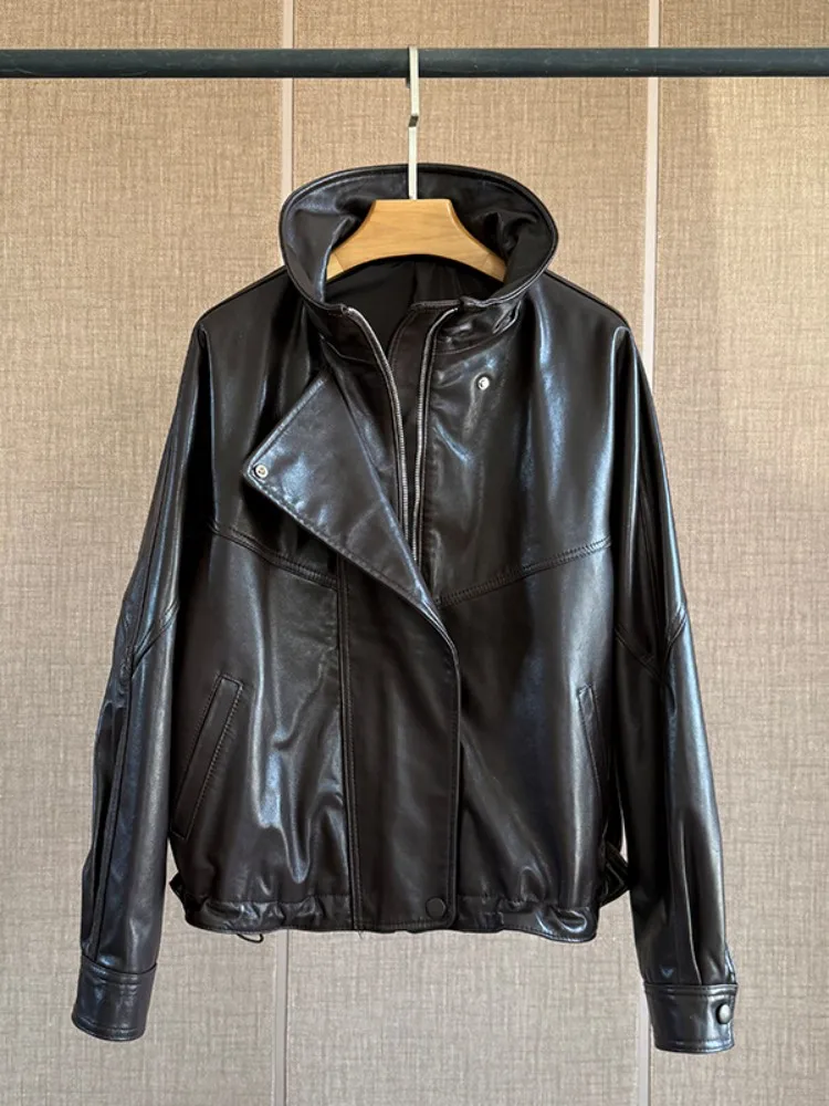 Hohe Qualität Frauen Mode Kurze Echtes Leder Jacke Mantel Stehkragen Echt Schaffell Lose Fit Retro Zipper Chic Oberbekleidung