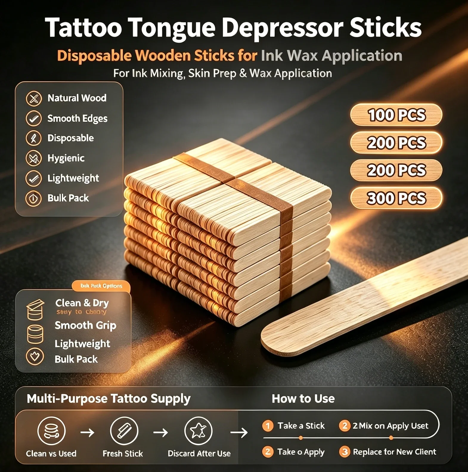 300/200/100pcs Disposable Wooden Tongue Depressor Individual Pack Tattoo Waxing Stick Hair Removal Sticks Tattoo Accessory