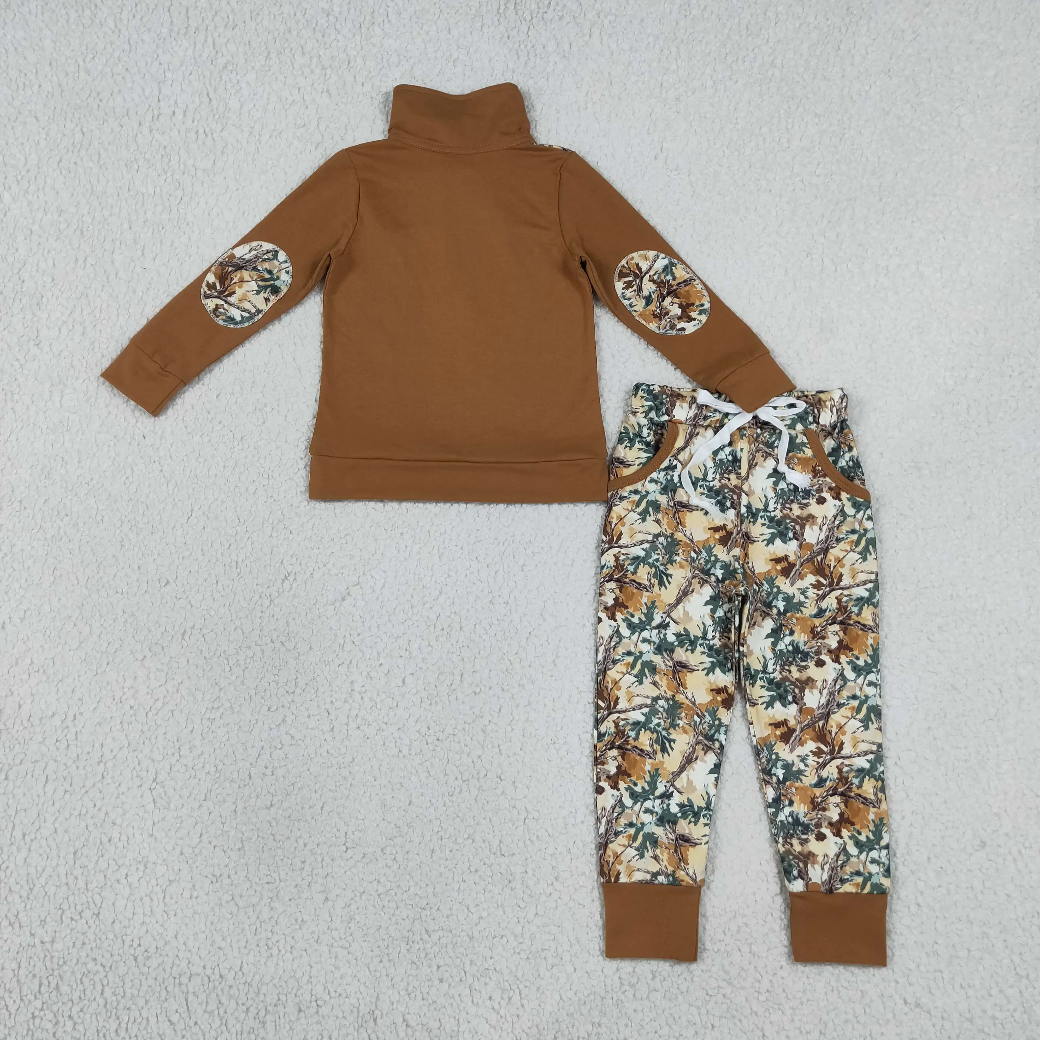 Wholesale Baby Boy Long Sleeves Zipper Shirt Brown Pullover Set Children Ducks Pockets Leaves Pants Toddler Kids Outfit Clothes