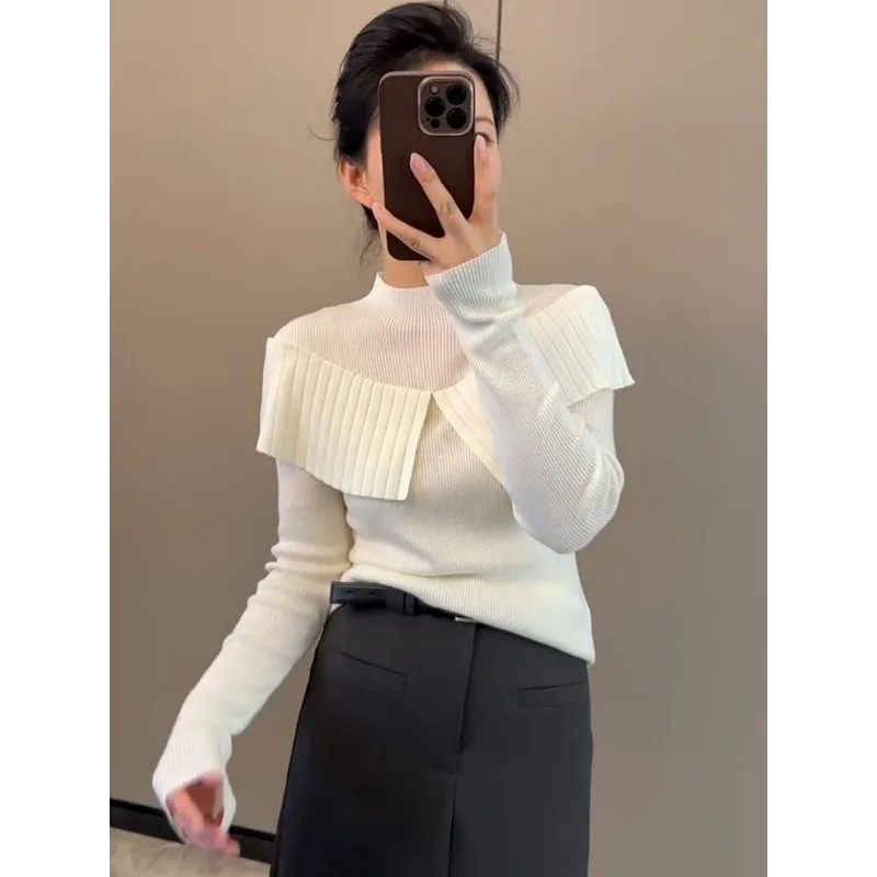 سترة صوفية أنيقة بنصف الياقة المدورة للنساء، سترة داخلية رفيعة وعصرية ومتعددة الاستخدامات #1