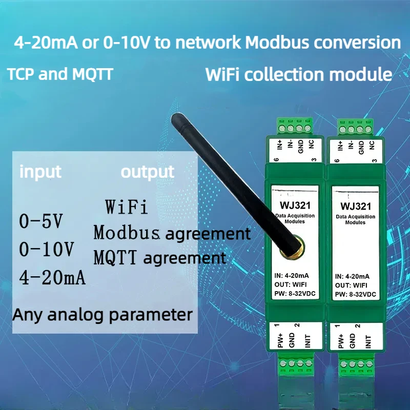 WiFi Acquisition Module WJ321, 4-20mA or 0-10V to Network Modbus TCP and MQTT