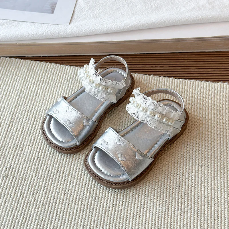 Girls Beach Shoes Open Toes Sweet Lace Bows Kids Sandals Korean Style Versatile 2026 Summer New Children Casual Shoes Non-slip