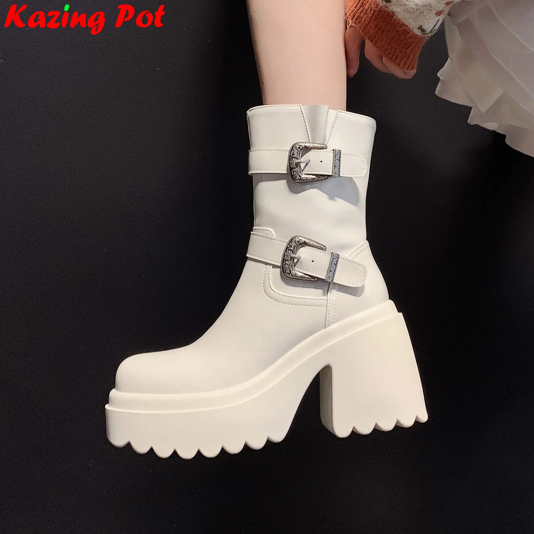 

Krazing Pot Patent Leather Zipper Chunky Super High Modern Boots Office Lady Casual Warm Winter Classics Platform Mid-calf Boots