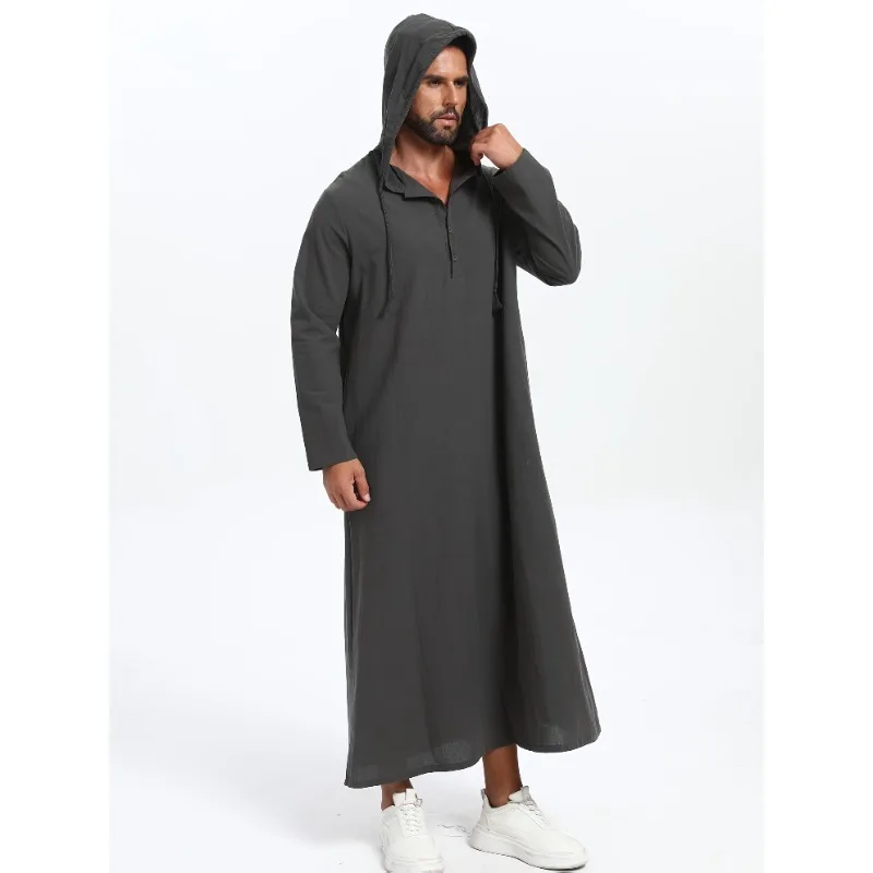 

Men's Muslim Robes Saudi Arabia Juba Islamic Kafatan Casual Loose Robe Shirt Solid Color Long Sleeve Hooded Button Pocket Robe