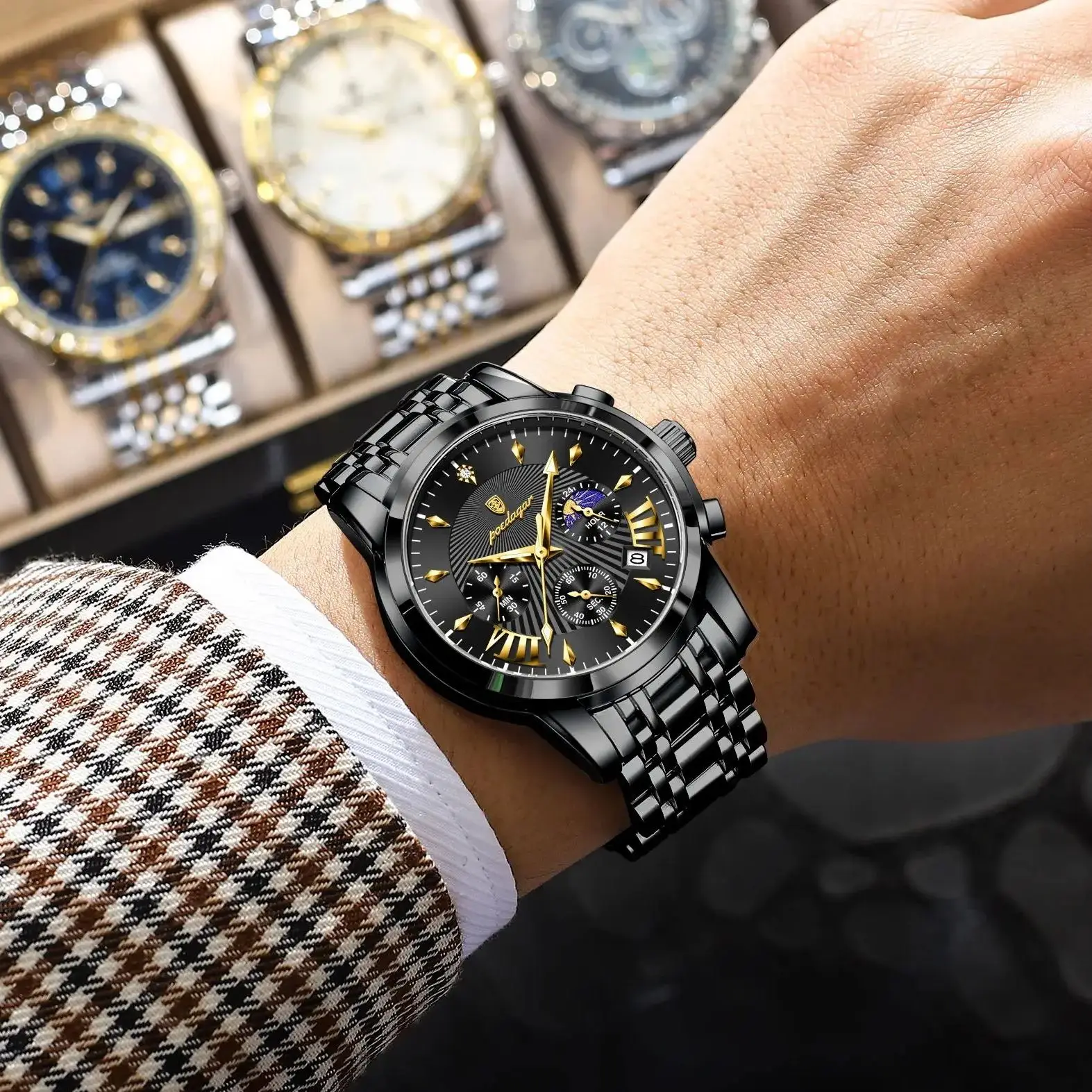 POEDAGAR أزياء الرجال الساعات للماء مضيئة تاريخ كرونوغراف رجل الأعمال الساعات الفولاذ المقاوم للصدأ كوارتز ساعة رياضية للرجال #5