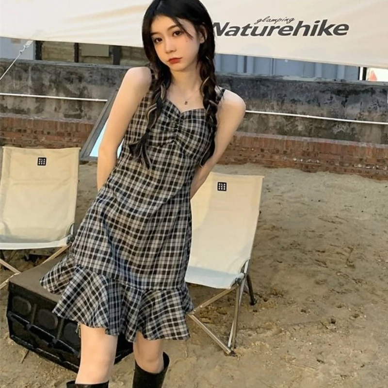 Sleeveless Dresses Women Plaid Basic Temperament Daily Casual Korean Style Ladies Ins Mini Retro Slim Sexy Folds Summer Vestidos