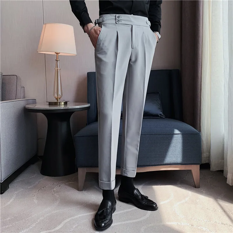 2023 High quality business casual high waisted straight leg slimming cropped pants for men's Korean version with small feet