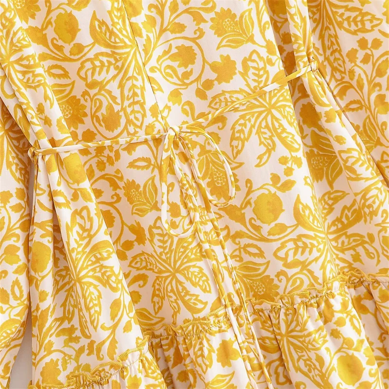 KEANKETIAN 2025 Nuovo stile bohemien Stampa floreale Mini abito in viscosa Perline Con lacci Scollo a V Abiti corti freschi da donna a strati