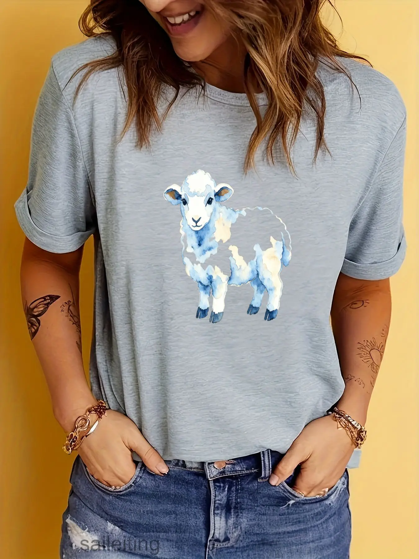 Cute Watercolor Lamb T-Shirt Women Men - Soft Casual Short Sleeve Tee with Rolled Sleeves, Whimsical Sheep Graphic for Summer