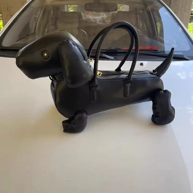 Cute Sausage Dog Shaped Black PU Leather Handbag Women's Fashion Creative Soft Leather Single Shoulder Crossbody Bag Feminina