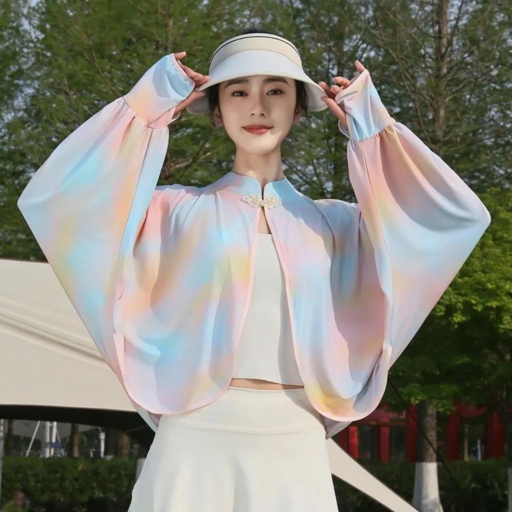 Ice Silk Sunscreen Shawl Solid Color Long Sleeve Sun Protection Clothing Loose Fit Quick Dry Tie-dye UV Protection Cape Running