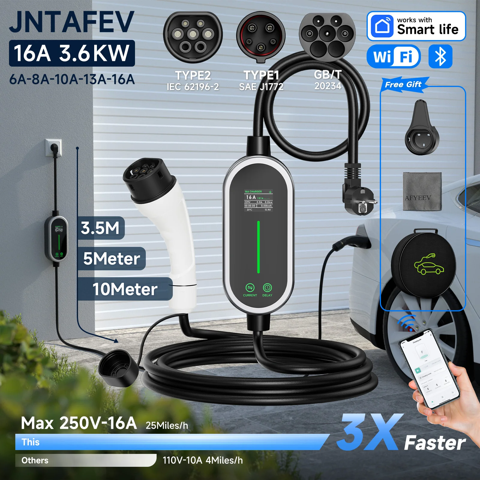 JNTAFEV Electric Car Charger 1 Phase 16A EVSE Protable EV Charger Type1/GBT/Type2 IEC62196-2 for Electric Vehicle Charger 3.6KW