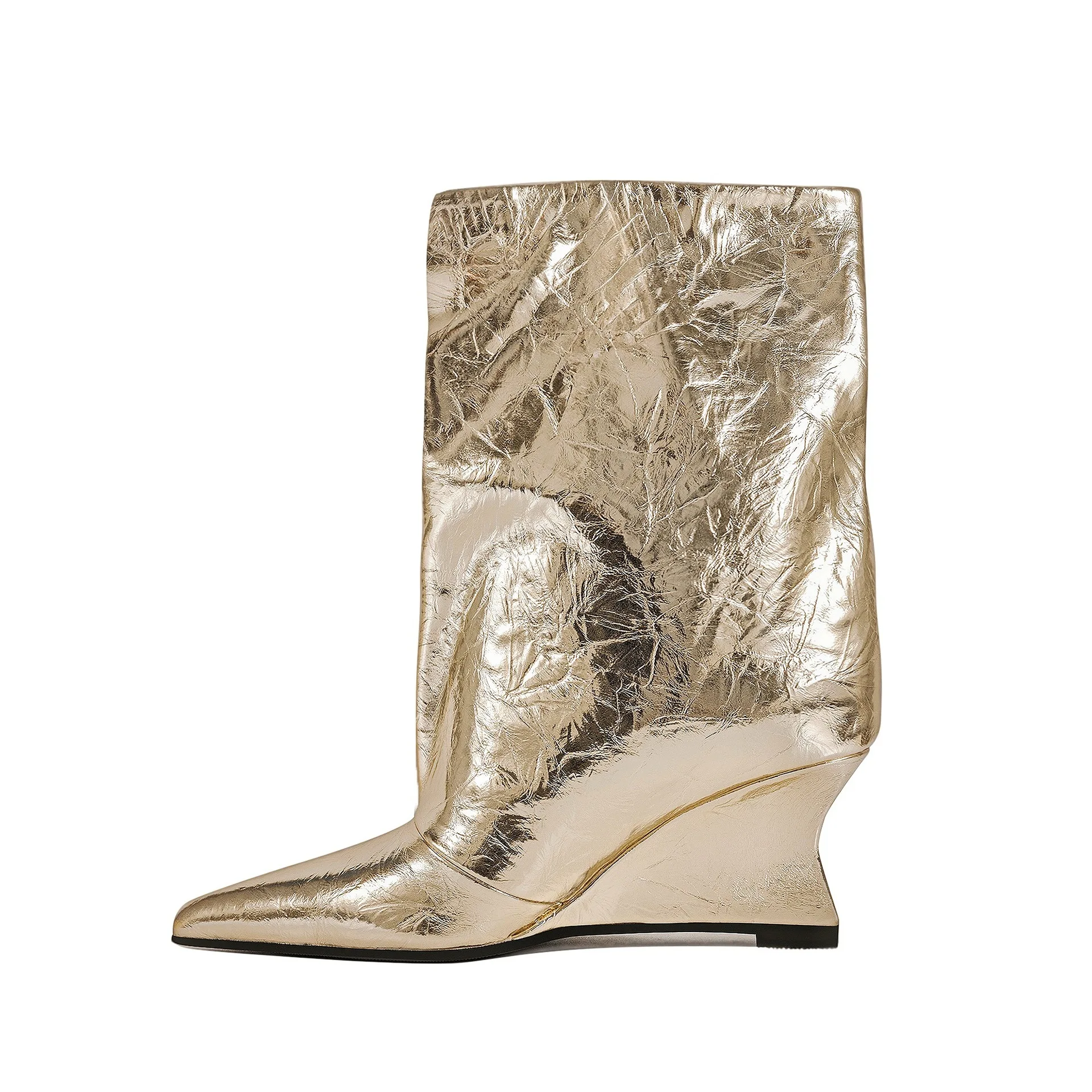 Women's Metallic Crinkled Leather Wedge Ankle Boots Pointed Toe Sculpted Bold Glam Style for Parties Festivals Evening Events