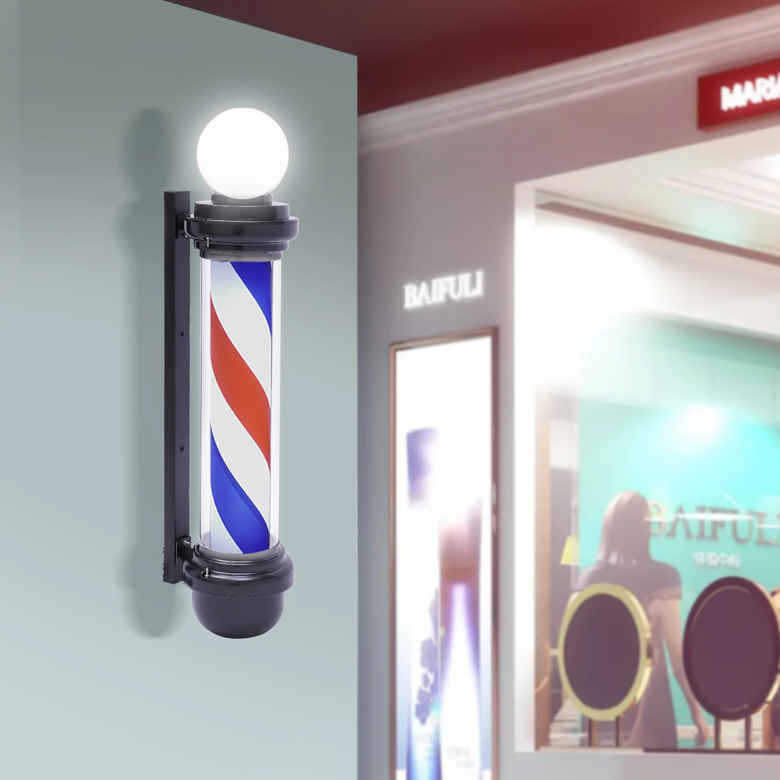 

32*7.5in Barber Pole LED Light 110V Red White Blue Rotating Stripes Hair Salon Shop Sign