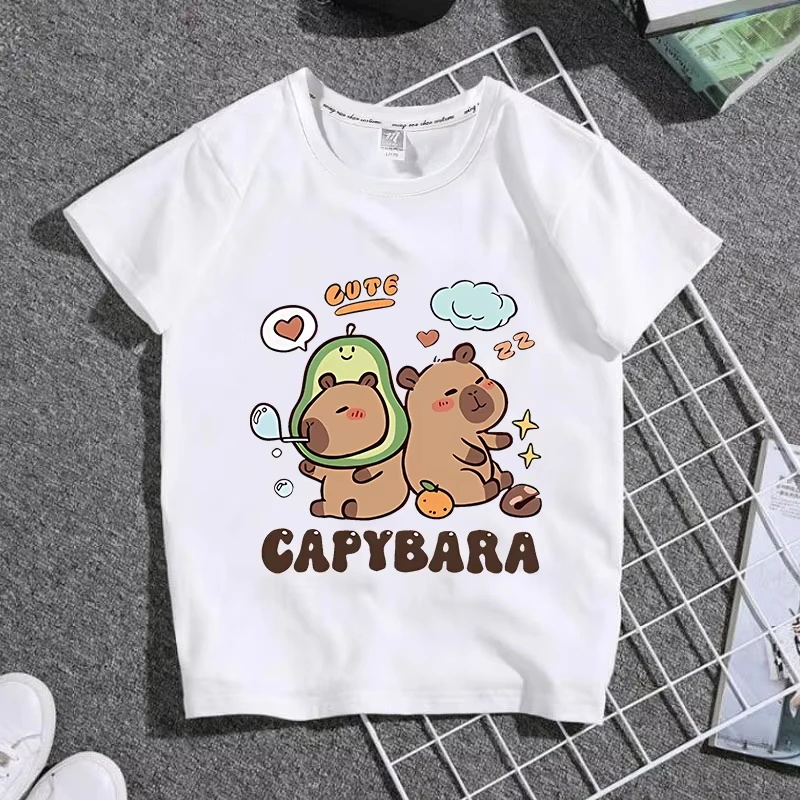 

Детская футболка с короткими рукавами Capybaras, хлопковые топы с милым мультяшным принтом Capibara для девочек, кавайные летние повседневные футболки, детские подарки на день рождения