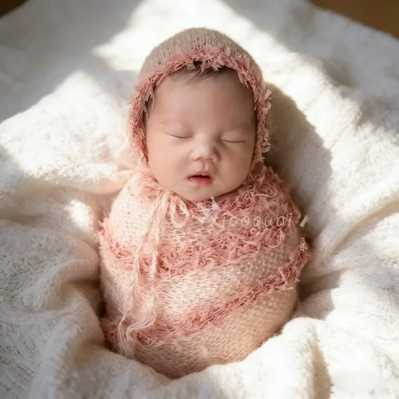 Mohair Lace Wrap Yarn Matching Hat Set Full Moon Newborn Photo Prop For Baby Indoor Studio Portrait Shooting Accessory Supply