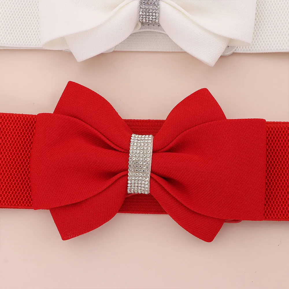 Adjustable Buckle Women's Elastic Wide Belt Plus Size Solid Color Elastic Bow Belt Rhinestone Stretch Belt for Dress Jeans