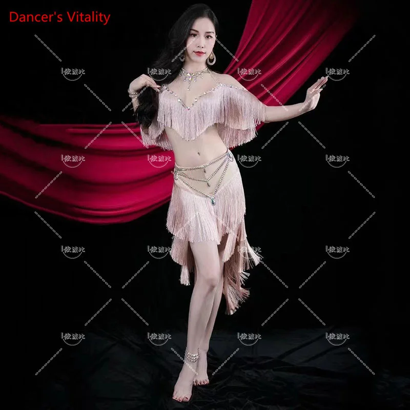 Belly Bance Suit Tassel Bra Diamond-Studded Belt Skirt Performance Clothes Set Female Adult High-end Top Competition Clothing