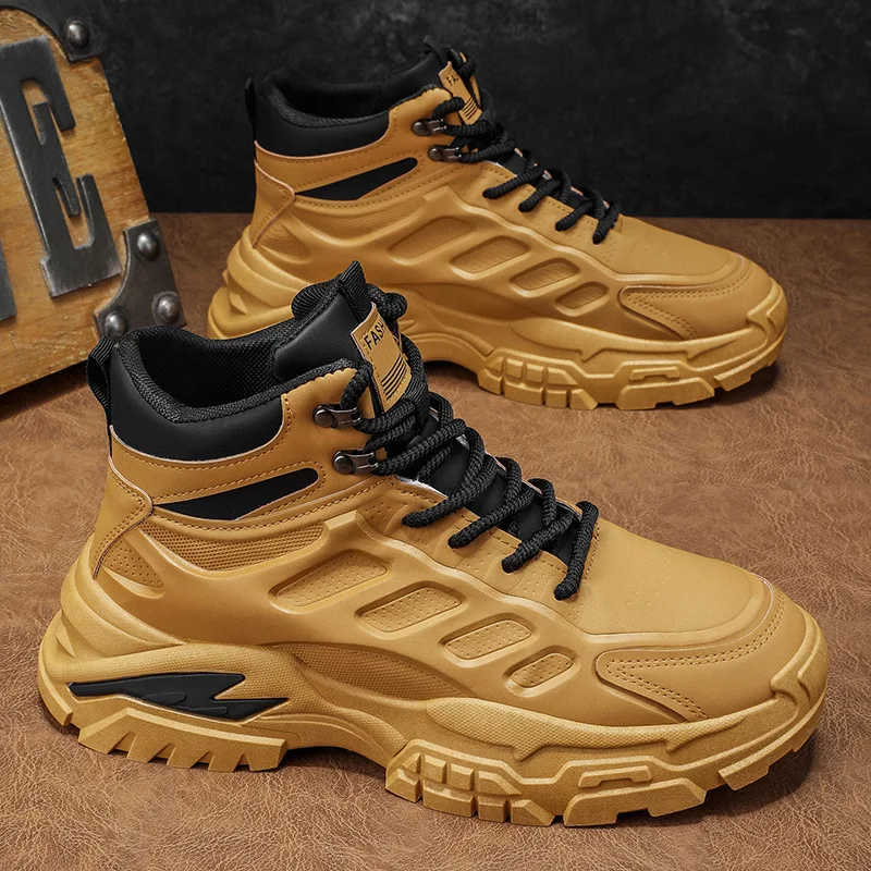 Men's Winter Workwear Anti-Slip Hiking Boots Thick-Soled Height-Increasing Dad Shoes Casual High-Top Trendy Sports Outdoor Shoes