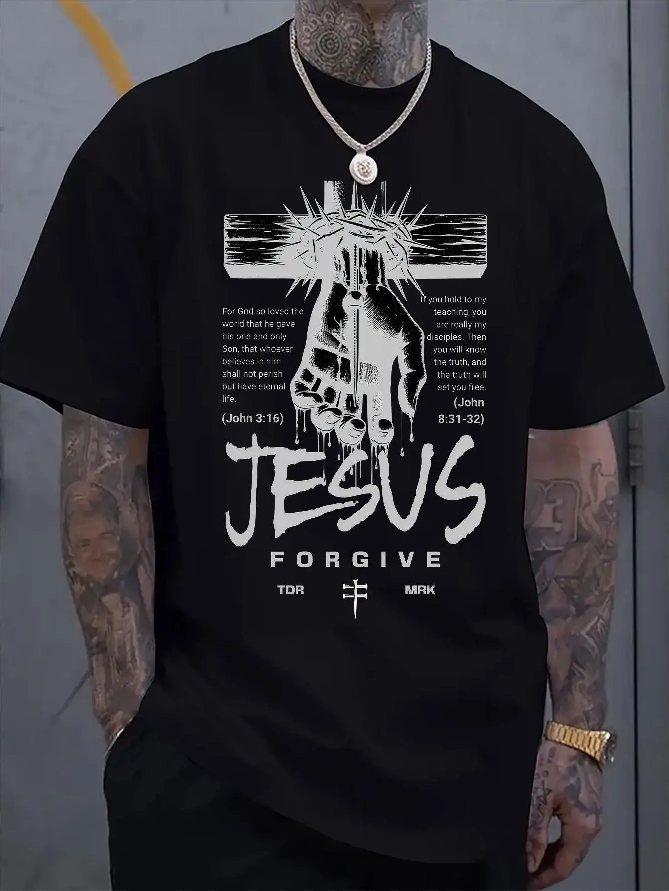 Christian T-shirts for men and women - Cross Faith T-shirt with Romans 10:9 scripture (referring to John 3:16)
