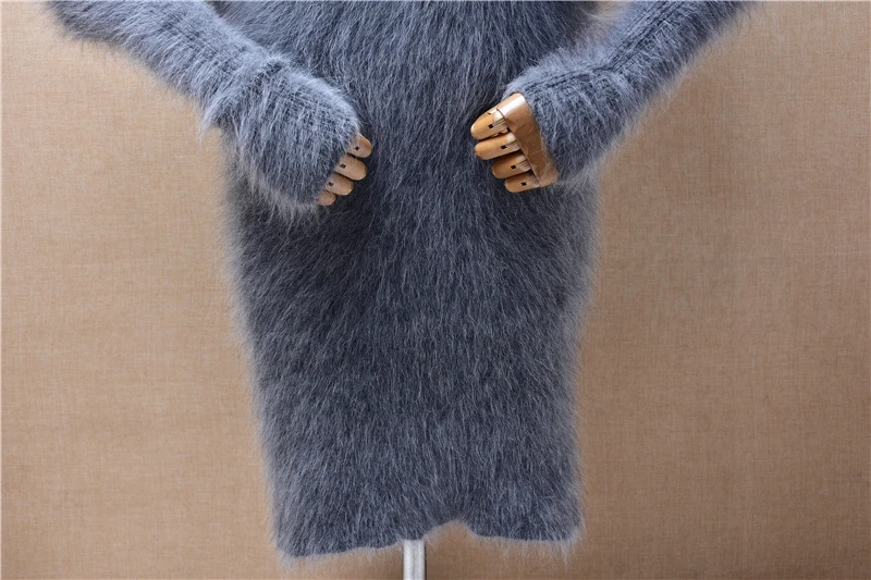 Female Women Fall Winter Clothing Grey Hairy Mink Cashmere Knitted Big Turn-Down Neck Long Sweater Dress Angora Fur Jumper Pull