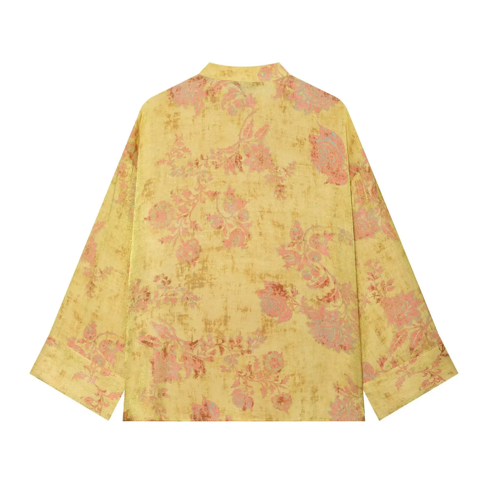 Chinese Style Retro Orange Floral Stand Collar Single-breasted Rope Buttons Long Sleeve Shirt Women Loose Casual Blouse Tops