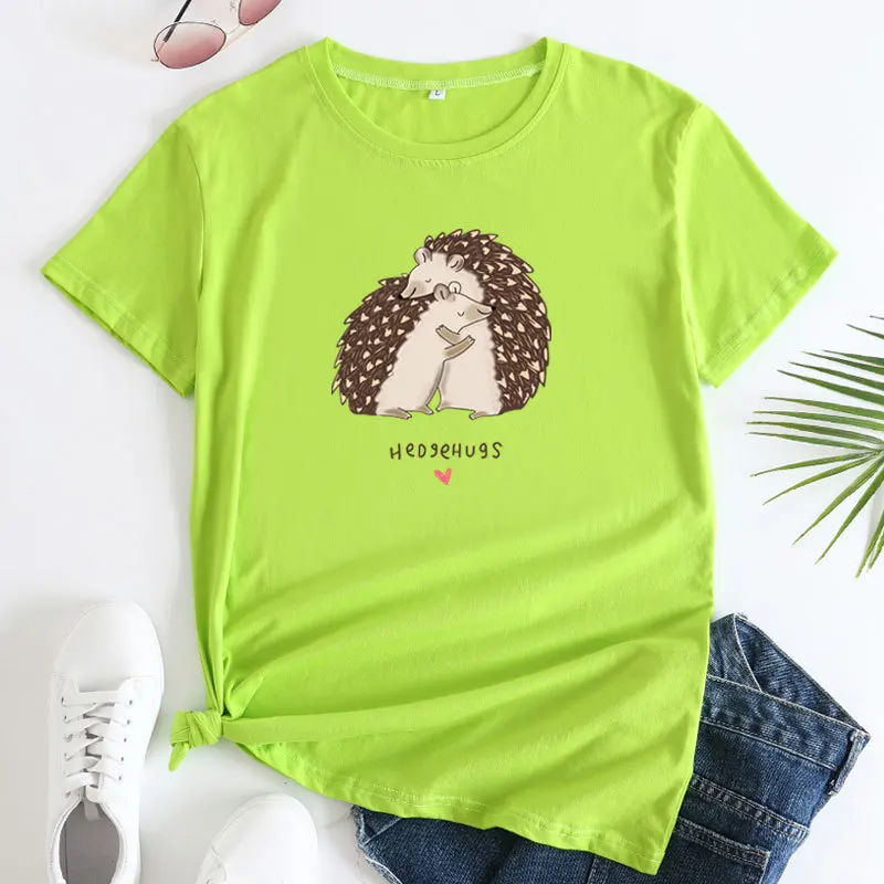 JFUNCY 2024 Summer Women T-shirt Short Sleeve T Shirts Oversized Cotton Woman Top Cute Hedgehog Graphic Tees Female Tshirt