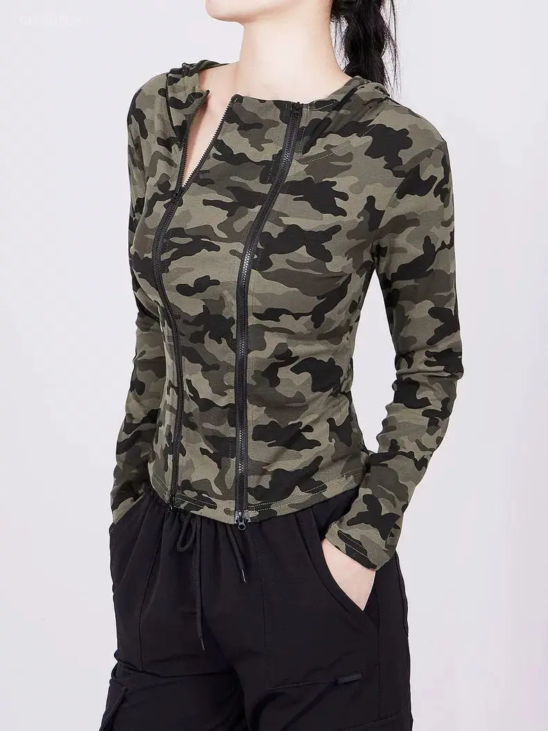 American Vintage Hooded Top Autumn Winter Thin Zipper Cardigan Coat Women Y2k Harajuku Gothic Vintage Camouflage Jackets